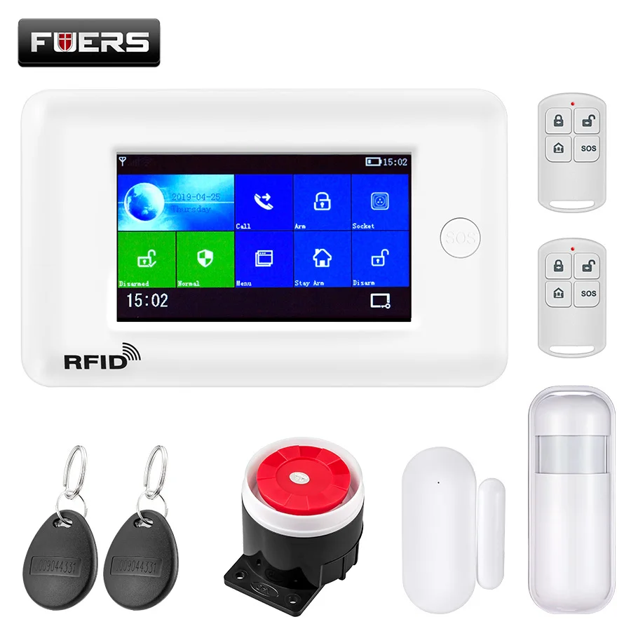 KIT1 FUERS wifi GSM GPRS умная домашняя система охранной сигнализации 4,3 дюймов цветной экран приложение RFID Контроль Детектор дыма PIR детектор движения - Цвет: KIT1