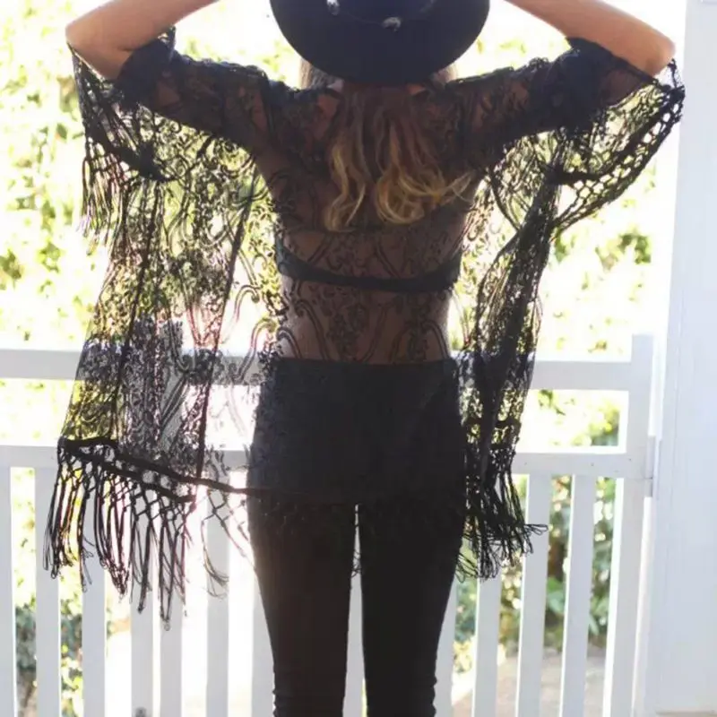 Женское кружевное кимоно Boho кардиган с бахромой и длинным рукавом Пляжная