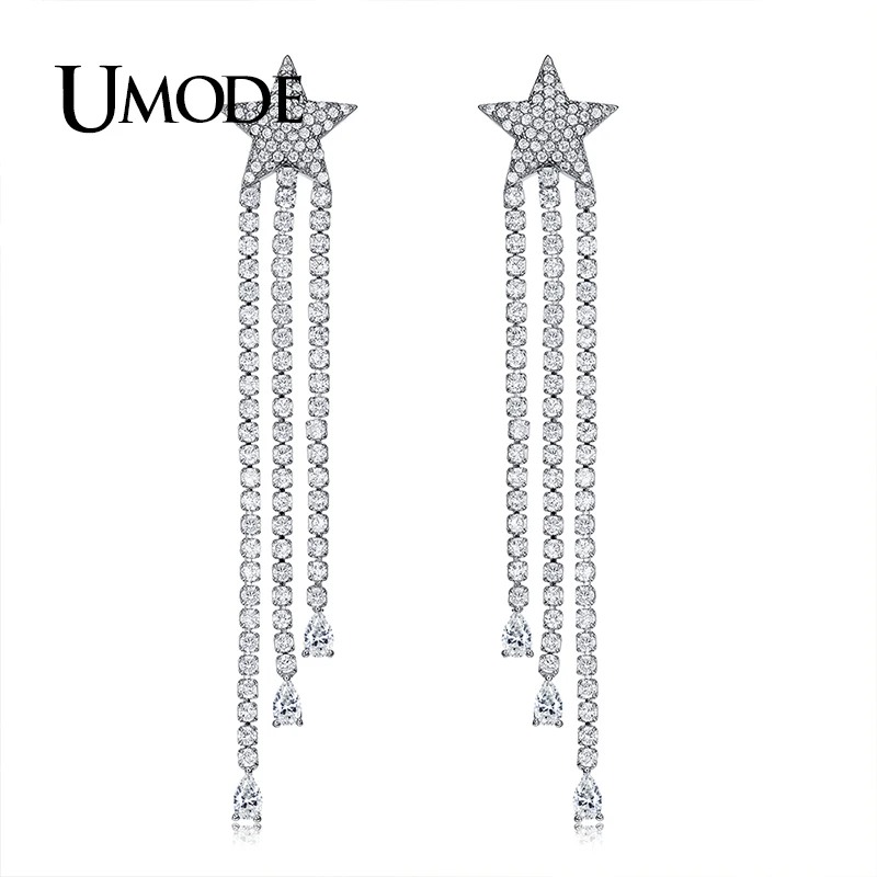 Серьги UMODE с фианитами женские длинные висячие серьги-кисточки подвесками в виде