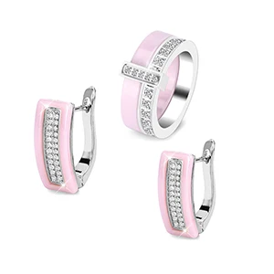 Pink Set Jewelry Однорядные кольца с кристаллами, серьги, ювелирные наборы, серебряный цвет, модный прекрасный светильник, розовые стразы, керамические женские ювелирные изделия, свадебный подарок - Окраска металла: Pink Set Jewelry