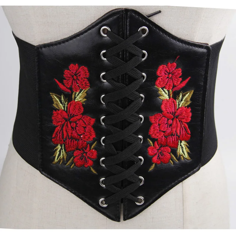 Women Ultra-Wide Lace Up Embroidery Flower Corset Belt PU Leather Elastic Waist Trainer Cincher Shapewear Tied Waspie Belts