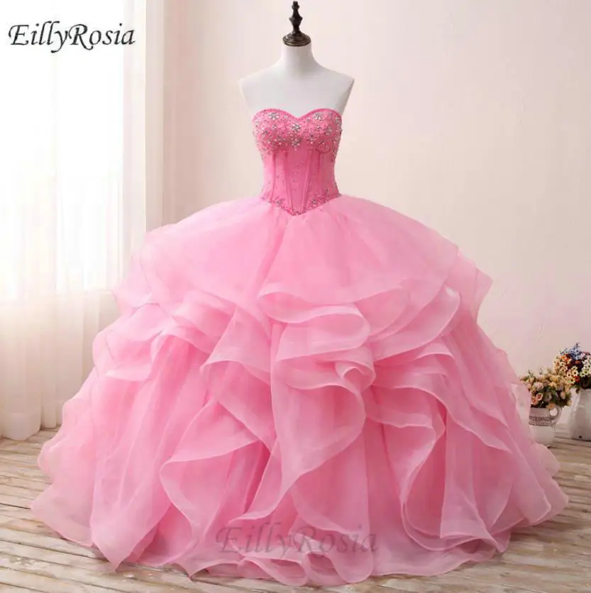 

Rose Pink Quinceanera Dresses Ball Gown Sweetheart Crystals Beading Tiered Ruffles Tulle Sweet 16 Dress Bal vestidos de 15 anos