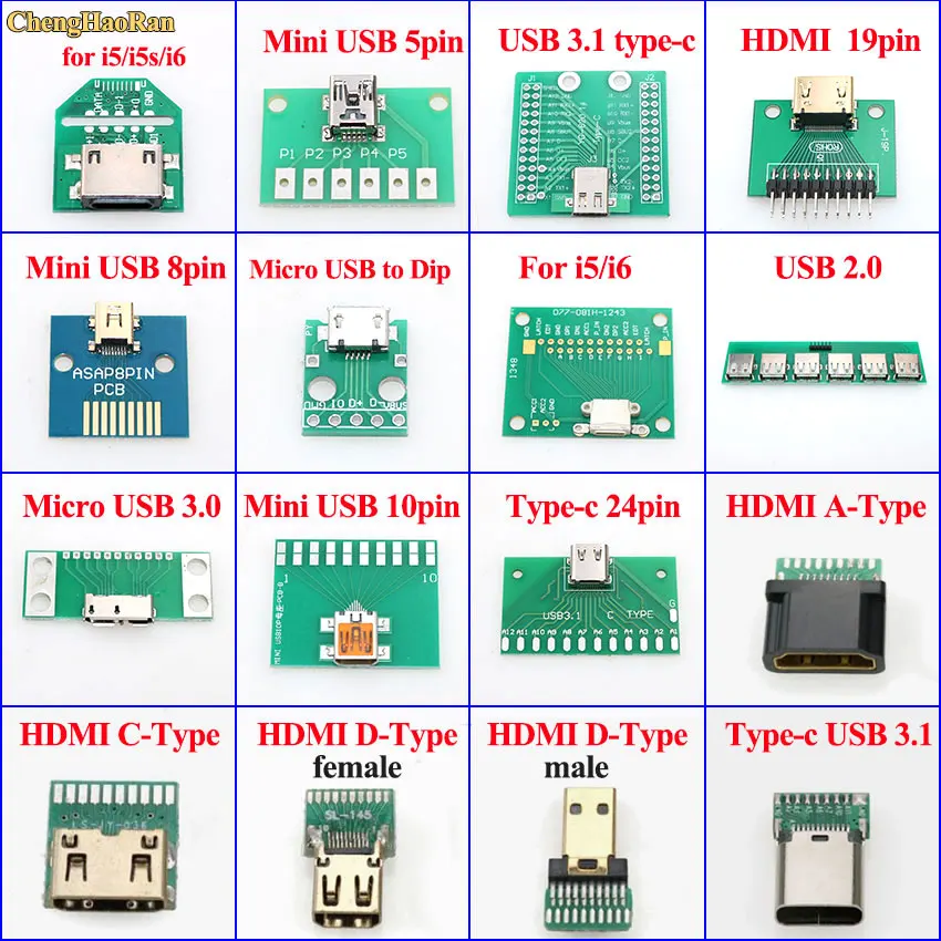 ChengHaoRan мини микро USB для DIP адаптера печатной платы тестовая Плата 2 0 3 1/Type C/HDMI iPhone 5