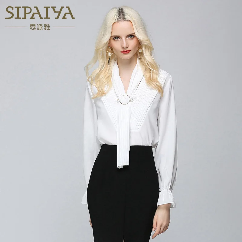 Блузка женская белая с длинным рукавом и бантом | Женская одежда