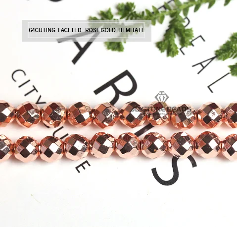 64CUTTING ROSE GOLD Натуральный гематит черный/золото/серебро/розовое золото/Круглые бусины 4 6 8 10 12 DIY ожерелье браслет аксессуары для изготовления ювелирных изделий - Цвет: 64CUTTING ROSE GOLD