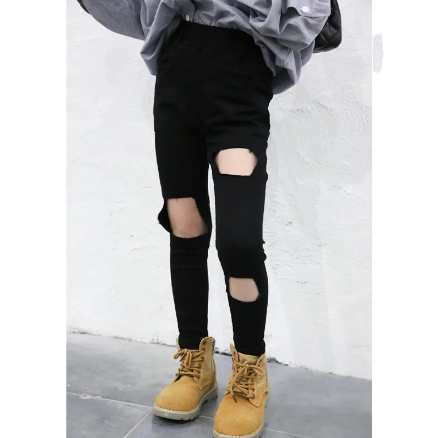 2019 Весна Осень Новые модные рваные джинсовые однотонные брюки для детей девочки