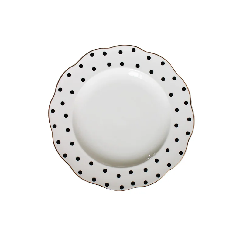 black and white Hepburn vintage breakfast plate bone China ceramic dishes striped dots cutlery flat Fruit home gifts | Дом и сад