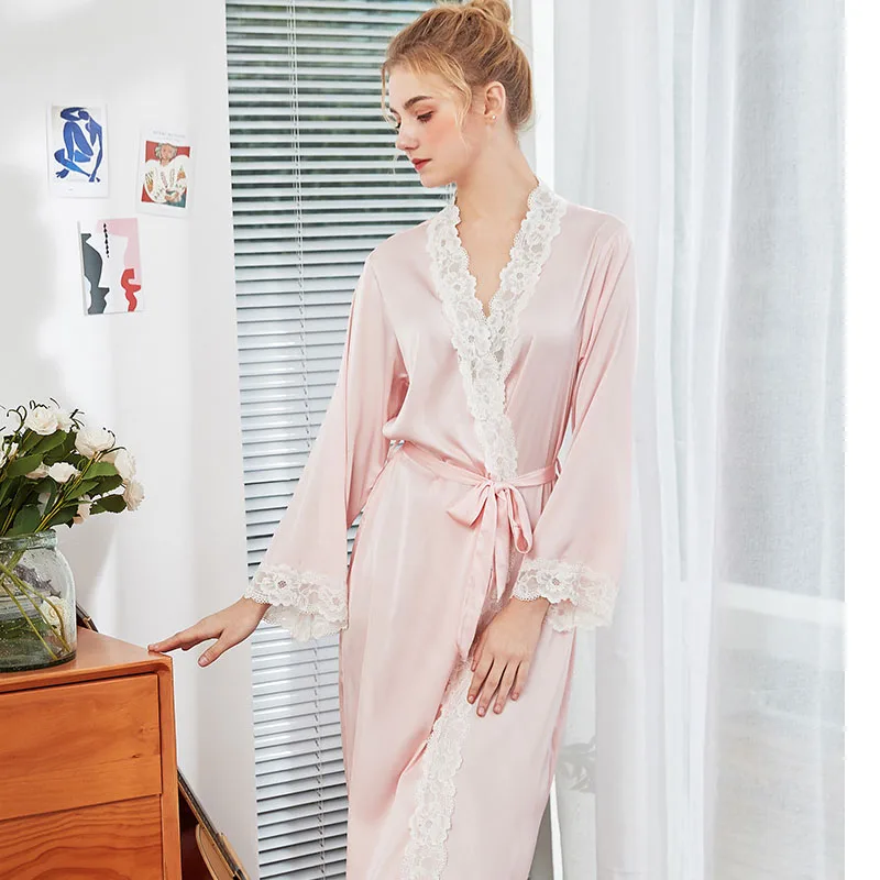 Women pajamas Lace Female Robe Silk Kimono Bathrobe 2019 Spring Summer Sweet Elegant Bride Robes Satin Dress | Женская одежда