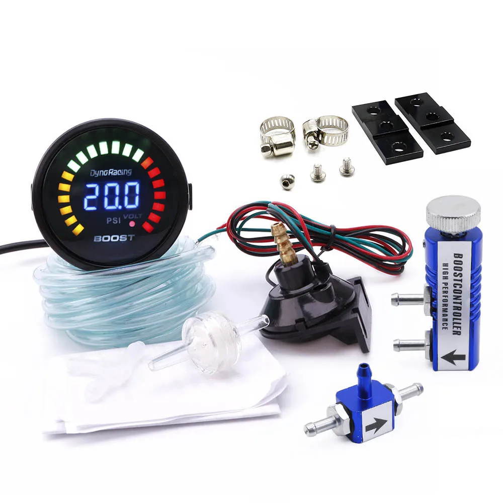 Blue controller Dynoracing " 52 мм Автомобильный цифровой 20 светодиодный Turbo Boost Gauge-15-45PSI+ Регулируемый контроллер Turbo Boost Kit 1-30 PSI в салоне - Цвет: Blue controller