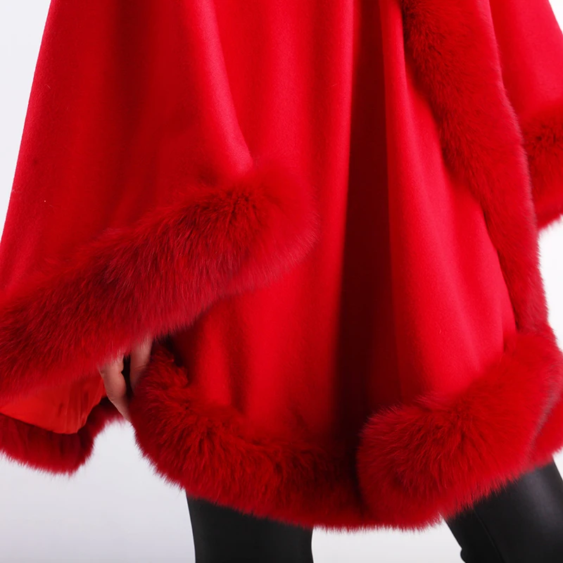 

Free shipping Winter Women's Fur Shawl High Quality Genuine Fox Fur Trim Cashmere Poncho 70cm
