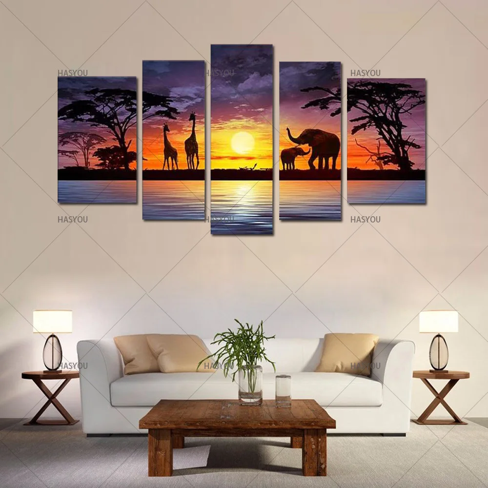 Ручная роспись большой 5 шт. искусство на стену слон африканская масляная