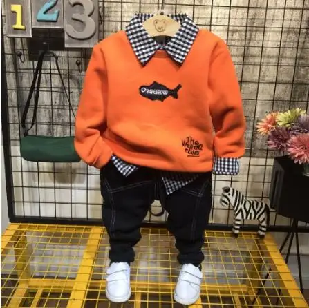 

Kids spring autumn suit Children Leisure Suit Set Boys long Sleeve Sweater + plaid shirt + jeans 3pcs boys clothing set