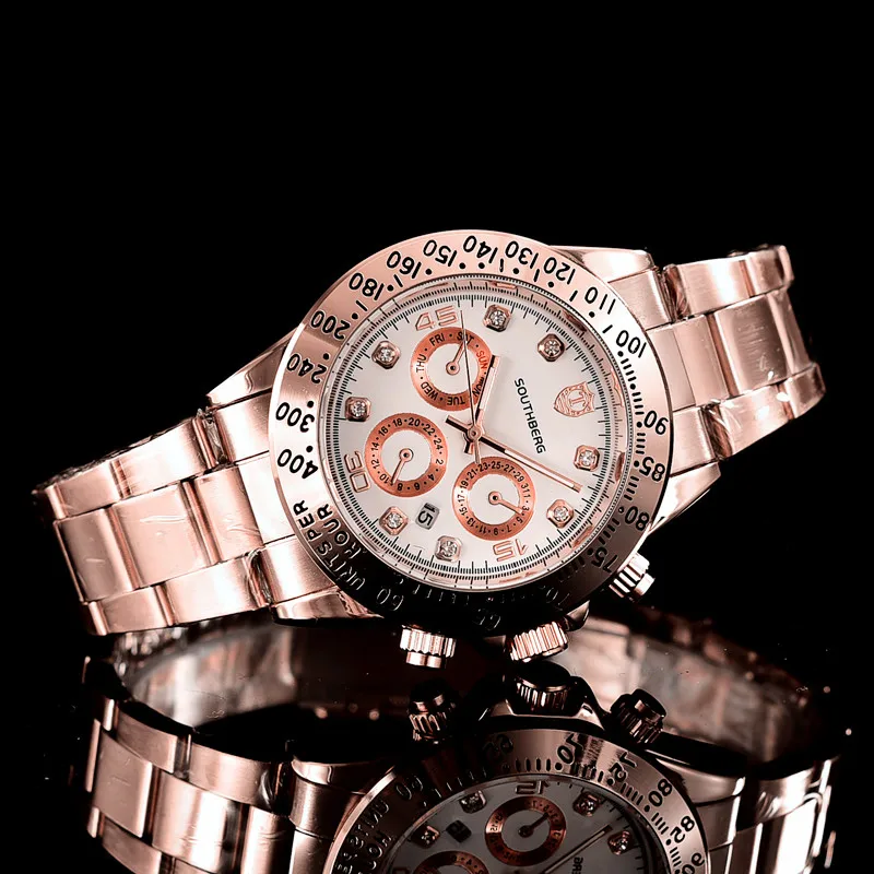 SOUTHBERG GMT Роскошные Брендовые Часы розового золота мужские повседневные часы