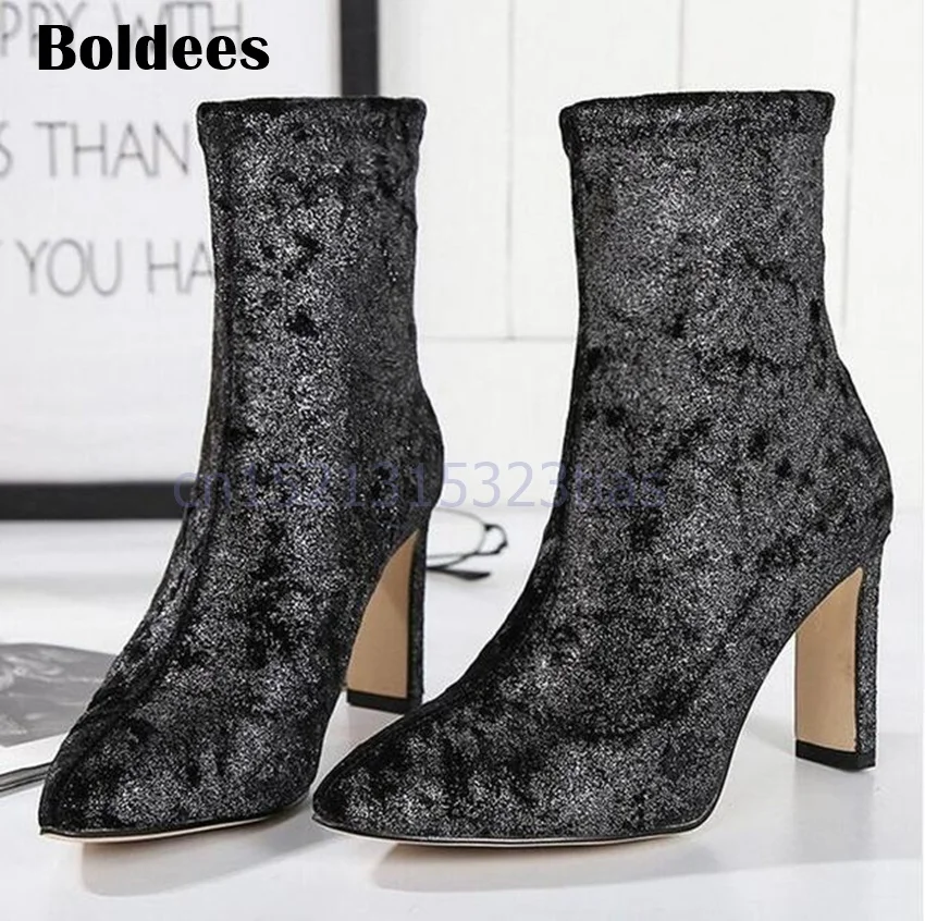 

Fashion Velvet Fabric Ankle Boots Woman Pointed Toe Chunky Heeled Short Boots Stretch Sock Boots 2018