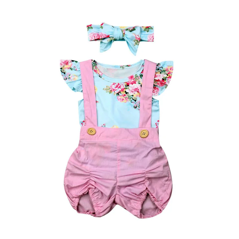 Lovely Girls Floral Romper Overalls Short Sleeve Top+Pink Overalls+Headband 3Pcs Set Cute Outfits New |