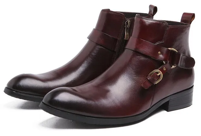 

Authentic leather zipper men's boots business shoes low top men's shoes England pointed belt short boots fashion single shoe