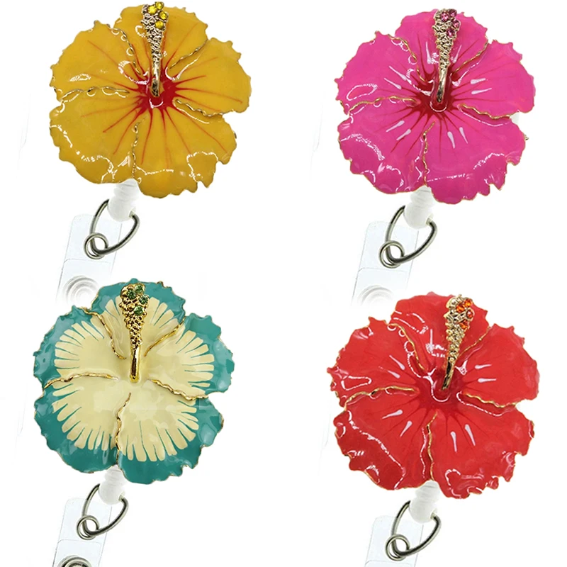 

50pcs/lot 50mm Fancy enamel gold tone Hawaiian Hibiscus Rosa-sinensis Flower Retractable id badge holder reel