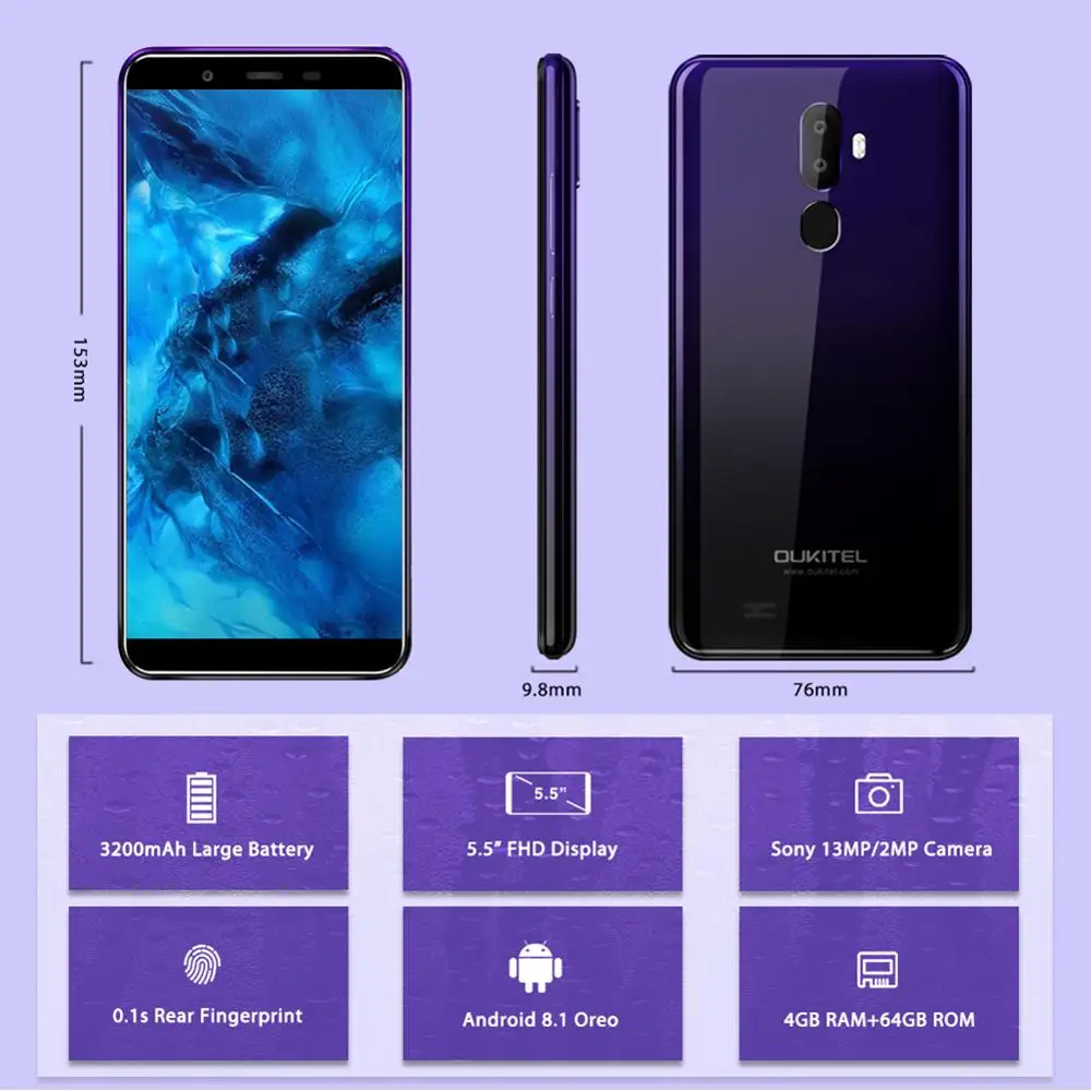 Oukitel U25 Pro 5 &quot2.5d Android 8 1 Mt6750t Восьмиядерный 4 Гб 64 13 МП + 2 МП/5 Мп смартфон 3200 мАч