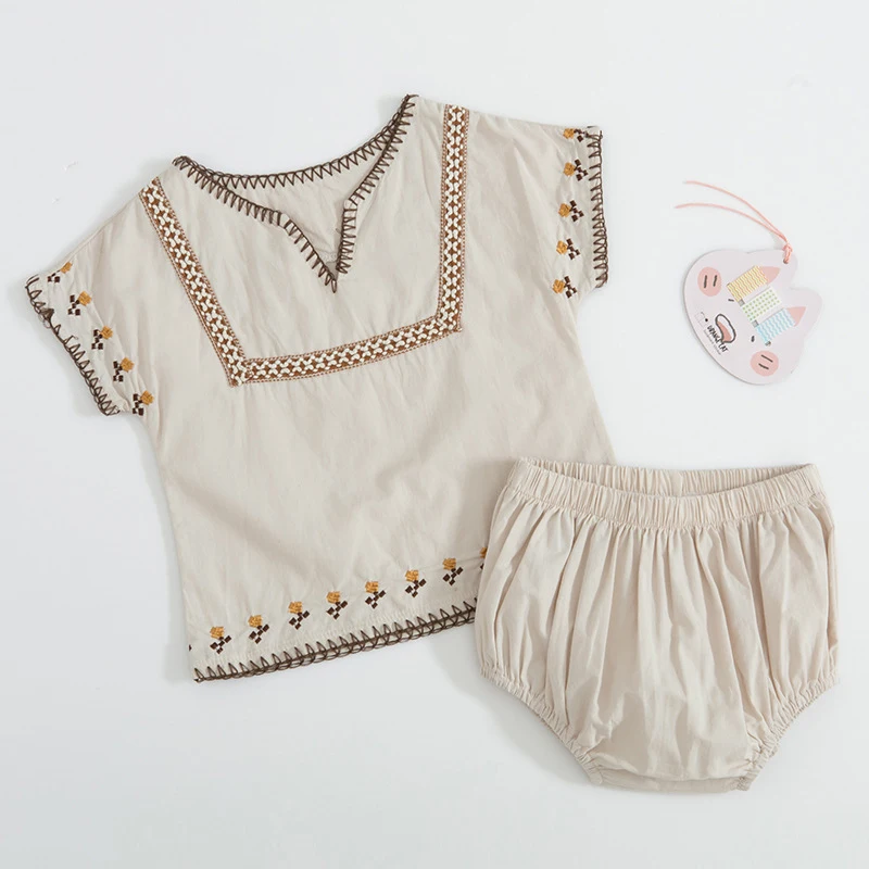 Летний комплект для девочек с национальной вышивкой куртка короткими рукавами и