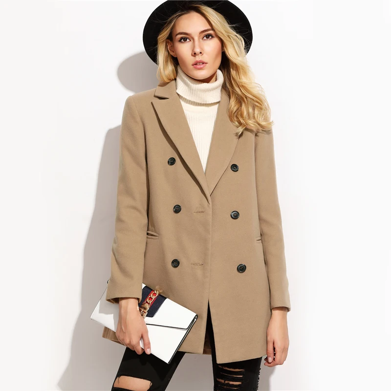 COLROVIE Camel, двубортное зимнее пальто, женское, элегантное, короткое, с отворотом, с длинным рукавом, пальто, осень, с прорезным карманом, винтажное, теплое пальто