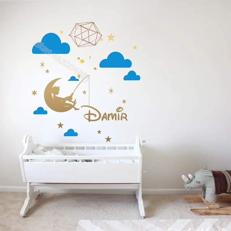 Boy sitting on the moon with hooks stars wall decal Custom Name Home Decor Stickers Kids room Nursery Wallpaper mural EB630 | Дом и сад