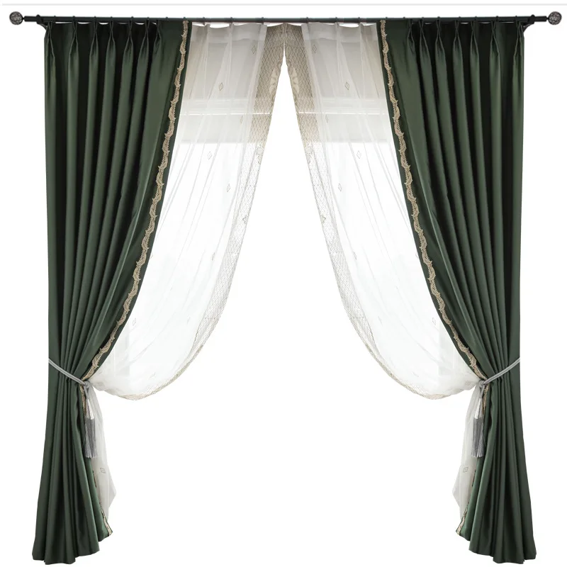 New Arrival Chinese Style Luxury Faux Silk Dark Green Window Curtains for Living Room Bedroom Embroidery Lace Drape