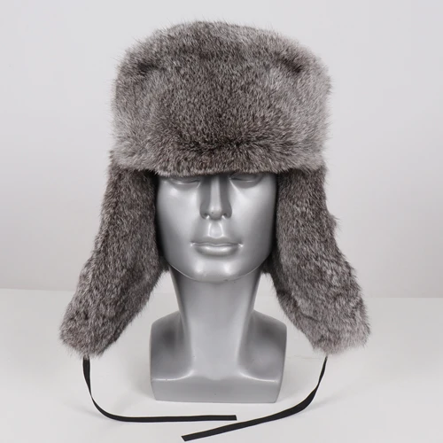 rabbit grey Русский охотник, шапка для мужчин из натурального меха, утолщенная Мужская зимняя шапка из натурального кроличьего меха, зимние уличные кожаные шапки-бомберы для мужчин - Цвет: rabbit grey