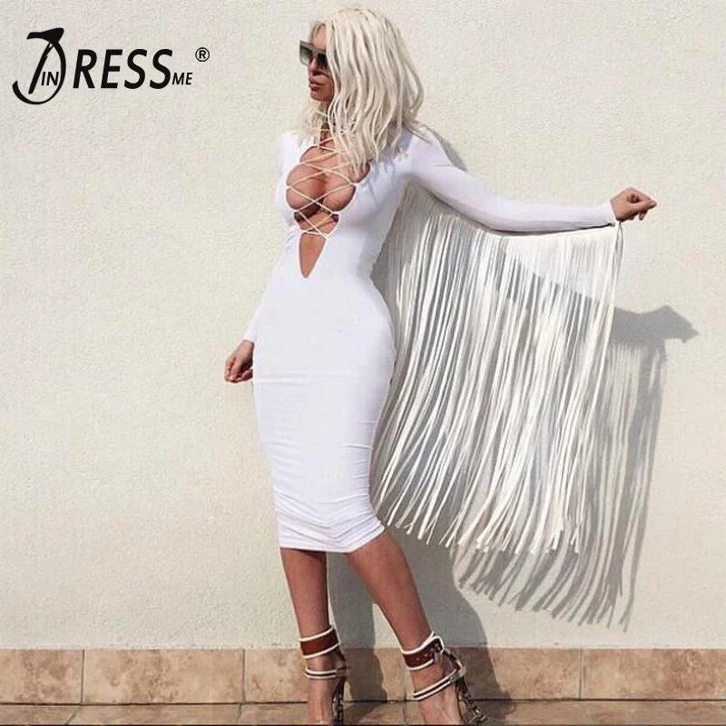 INDRESSME Красное Облегающее платье средней длины с длинным рукавом бахромой и