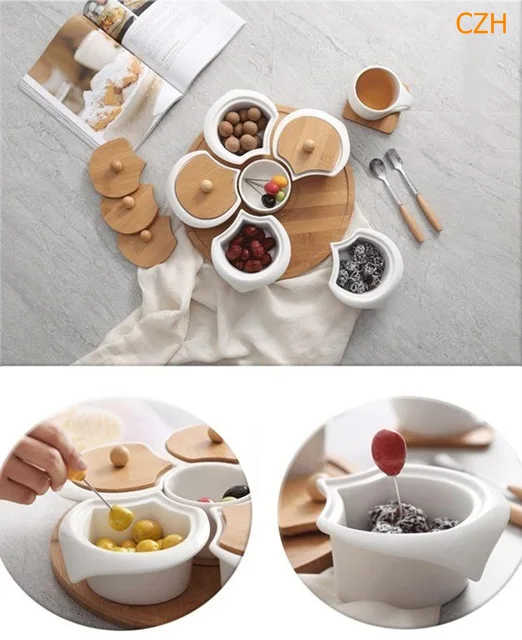 Керамические отсеки, коробка для закусок, декоративные фарфоровые отделы, сладкая Caddy, Бамбуковая посуда и посуда, органайзер, принадлежности
