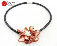 qingmos trendy shell flowerv pendant necklace for women with 70mm red shell pearl necklace fine jewelry chokers 18 nec6316