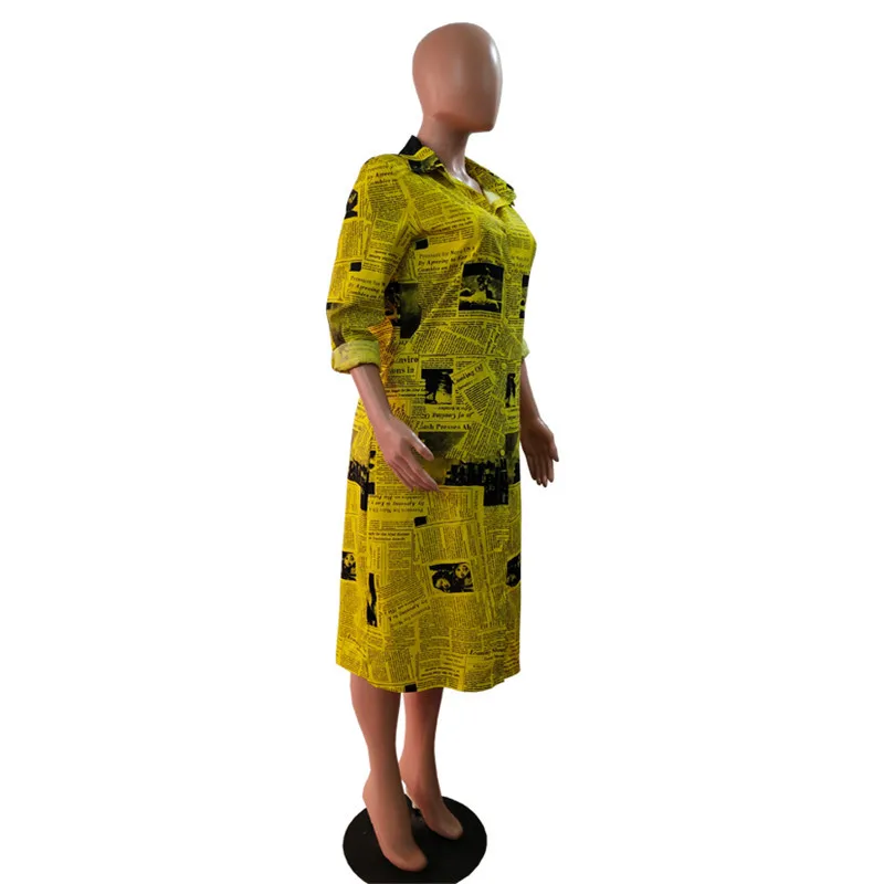 Vestido de festa/Новинка, Vadim, женская одежда,, стиль, модное однобортное платье-рубашка с воротником и принтом газет