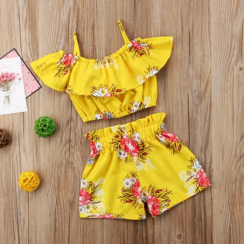 

2019 Cute Toddler Kids Girls Royal Floral Strap Tops Shorts 2Pcs Outfits Set Clothes Hot