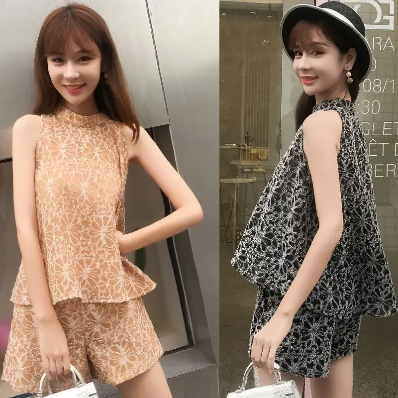 BLLICUE 2019 Summer Fashion Women Jacquard Sleeveless Irregular Top + High Waist Shorts Girls Cute Two-Piece Sets | Женская одежда