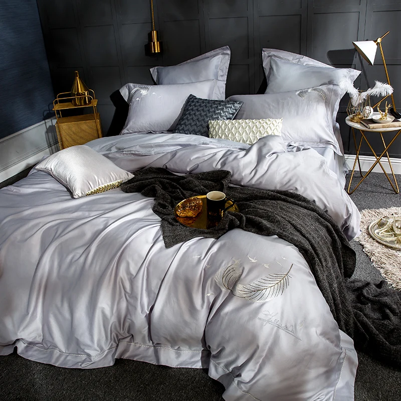 grey feather embroidery bedding sets egyptian cotton bed set queen king size duvet cover sheet pillowcase 4/6pcs | Дом и сад