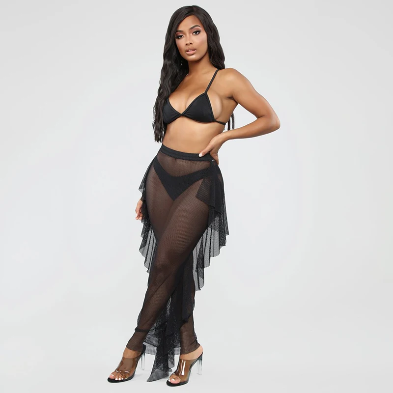 InstaHot Fish Net Pencil Maxi Skirts Sexy Women Mesh See Trough Ankle Length High Waist Lace Tassel Long Party Black Skirt