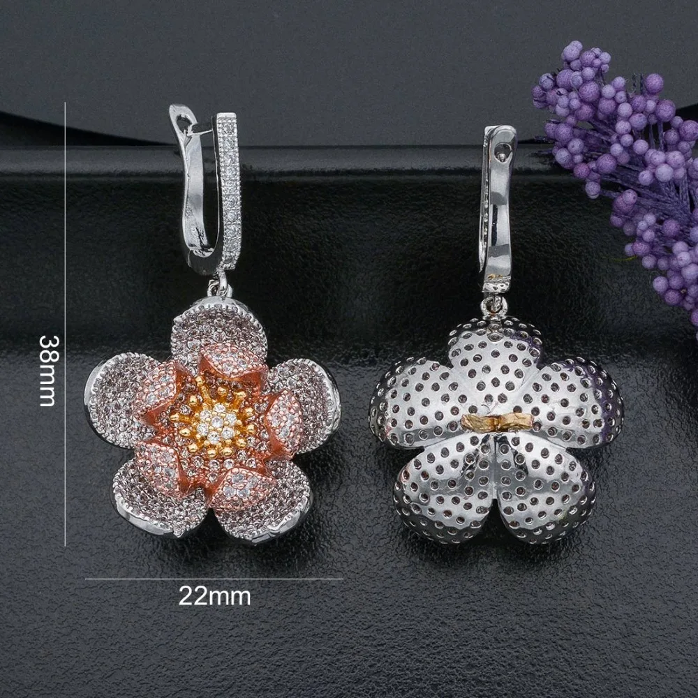 

Newness High Quality Cubic Zircon Three Tones Gold Flower Dangle Earrings For Women Wedding Party Jewelry Gift