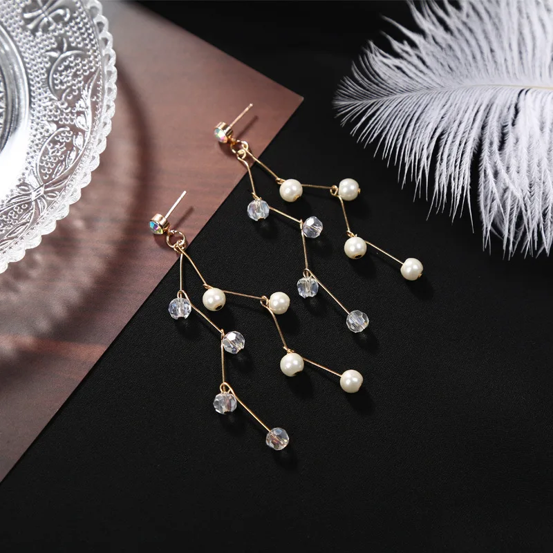 

Double Branch Stick Chain Crystal & Simulated Pearl Beads Tassel Golden Drop Earrings Dangle Earrings for Women