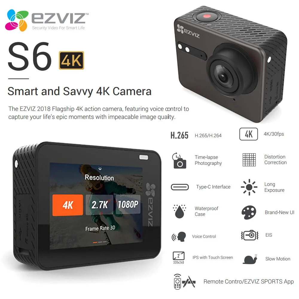 Новинка 2018 Экшн камера ezviz S6 умная и 4K 30fps сенсорный экран Wifi коррекция искажений