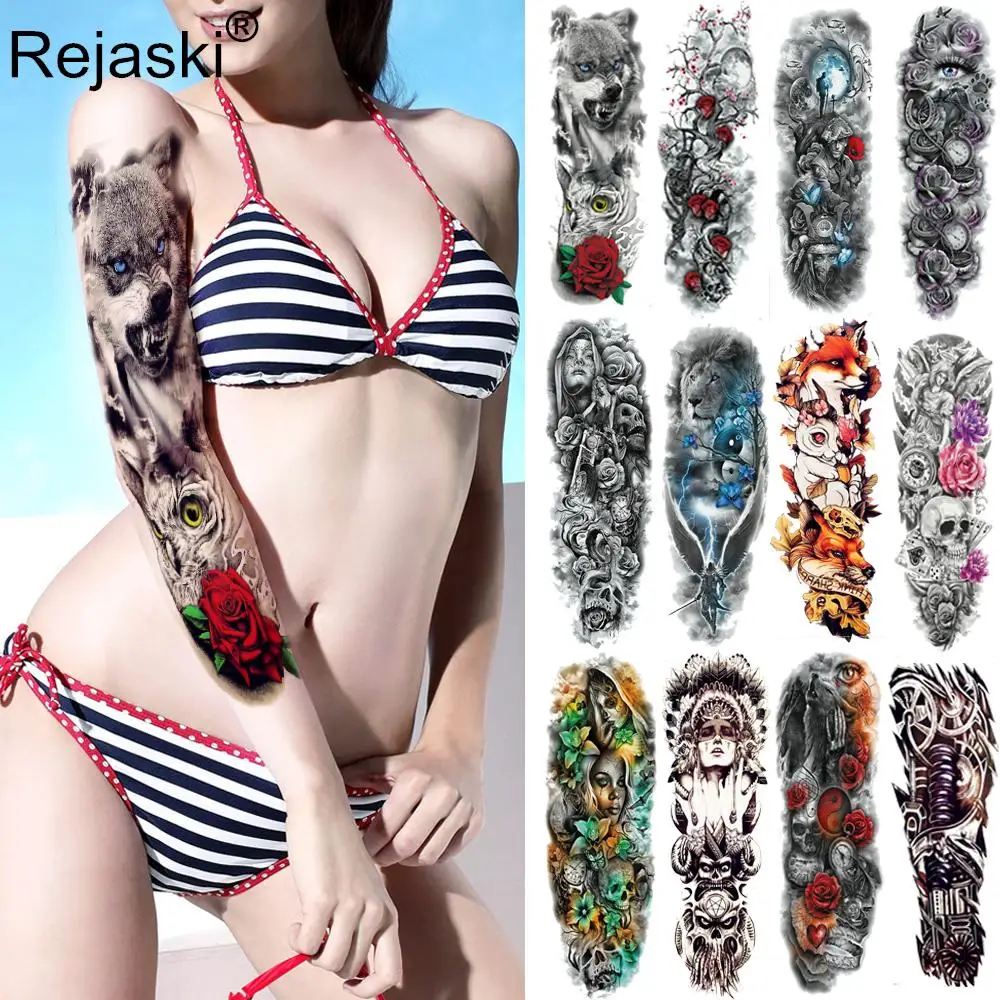 

New Sexy Full Arm Leg Temporary Tattoo 48*17CM Fake Lotus Flower Body Art Makeup Skull Painting Waterproof Flash Tattoo Stickers