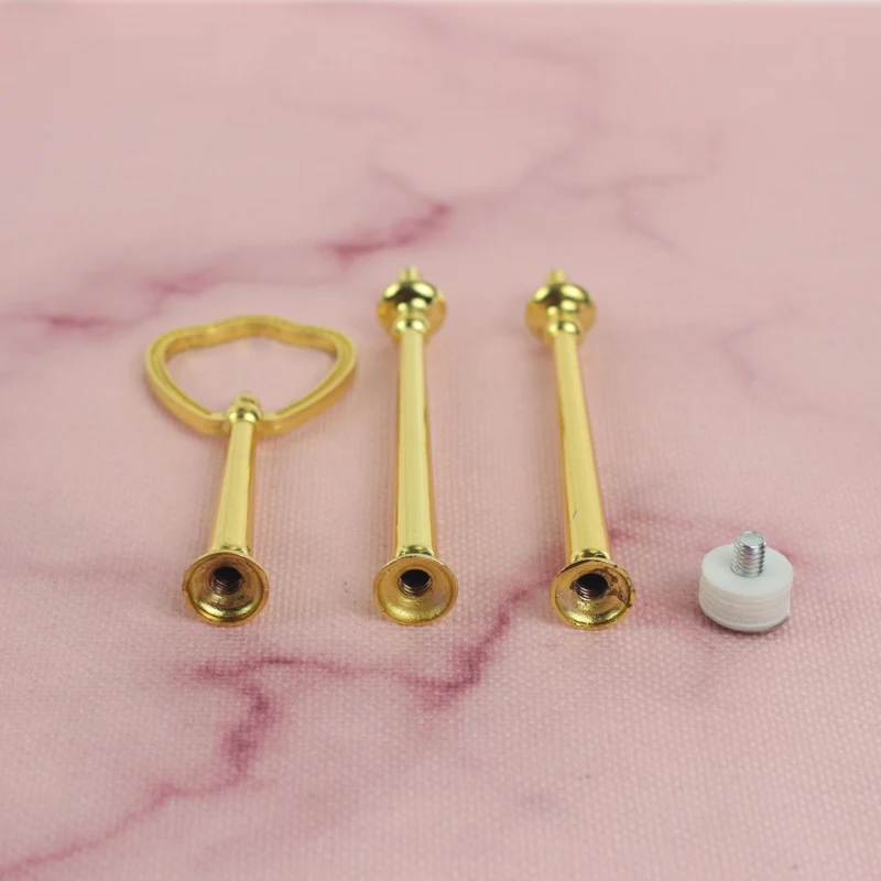 

Golden and Silver Fruit 3 Tier Cake Plate Stand Heavy Metal Center Rod