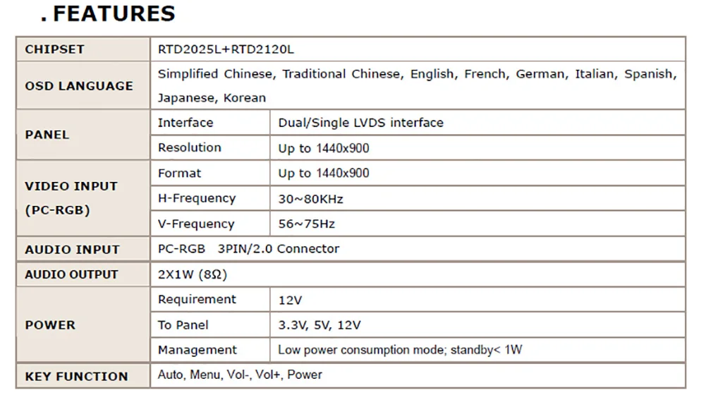 LCD/LED (VGA) M. RT2270  PQ 3QI-01 LVDS     1024x600