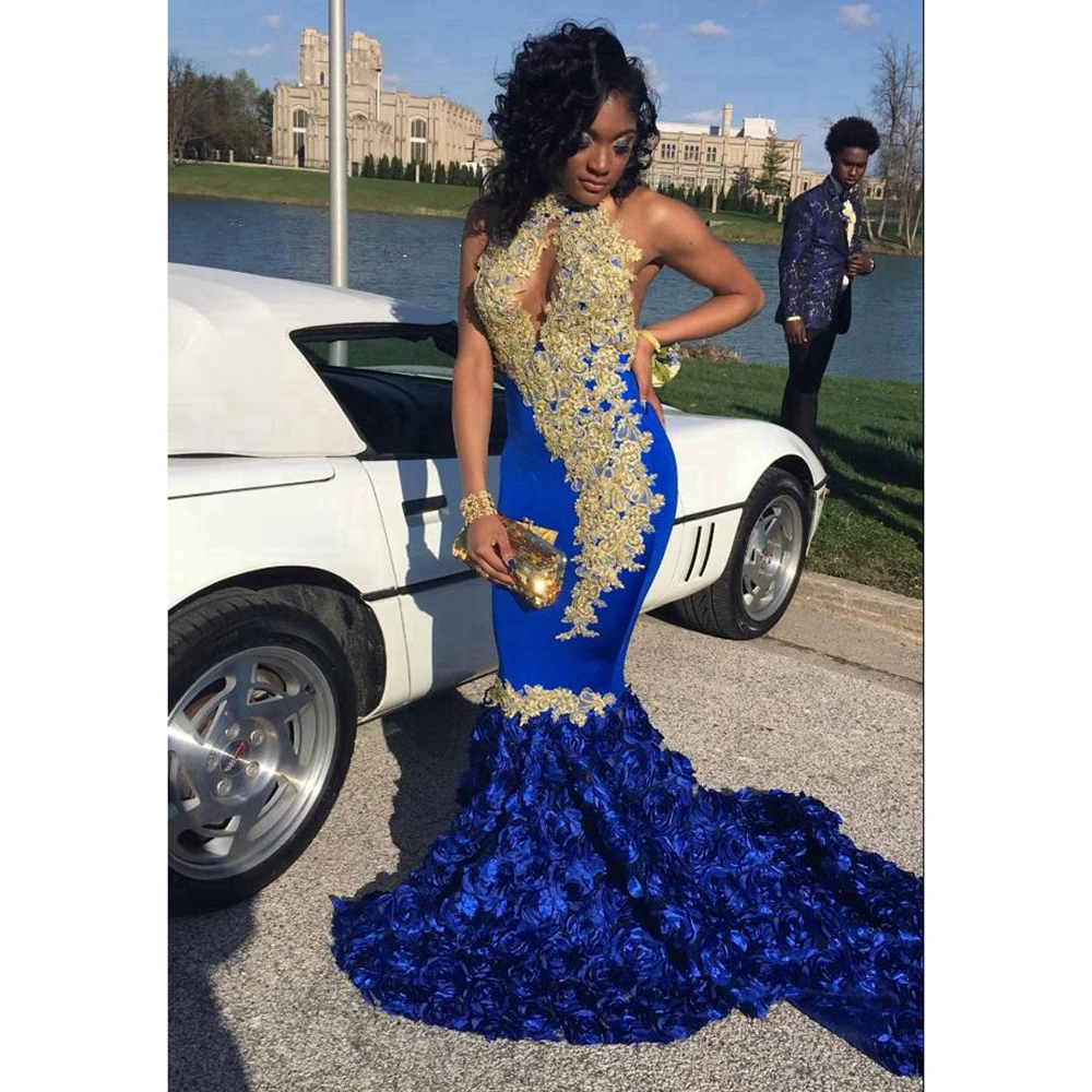 

Luxury Royal Blue Halter Neck Mermaid Prom Dress for Black Girls 3D Flowers Bottom Sweep Train African Evening Formal Dresses