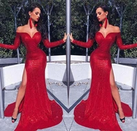 2019 cheap red sequins prom dress off the shoulder long sleeves pageant holidays graduation wear evening party gown plus size