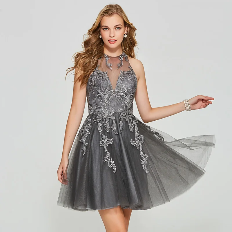 

Tanpell short homecoming dress gray lace appliques sleeveless above knee a line gown lady prom party customed homecoming dresses