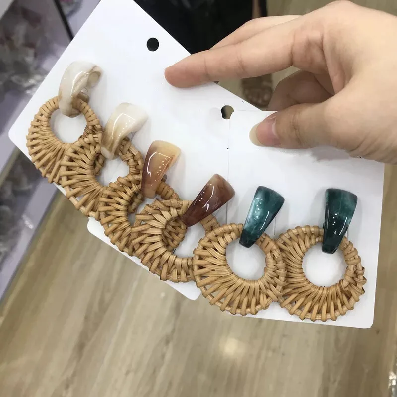 Популярные модные корейские бамбуковые деревянные плетеные серьги из ротанга