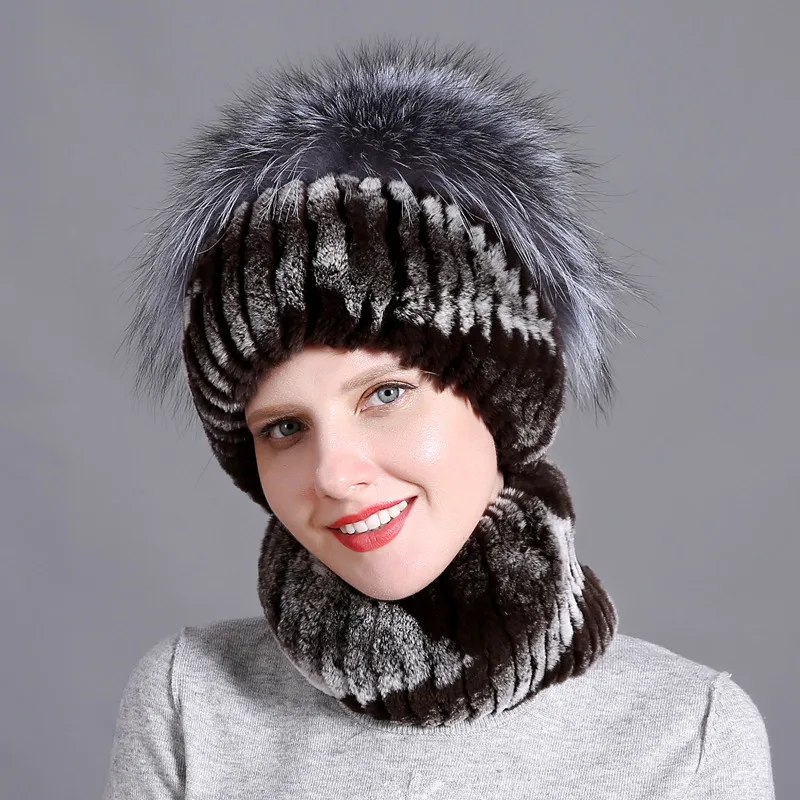 DUOUPA Women fur hat scarf set for winter natural rex rabbit fur scarf and hat solid color brand new street shoot hat and scarf - Цвет: A