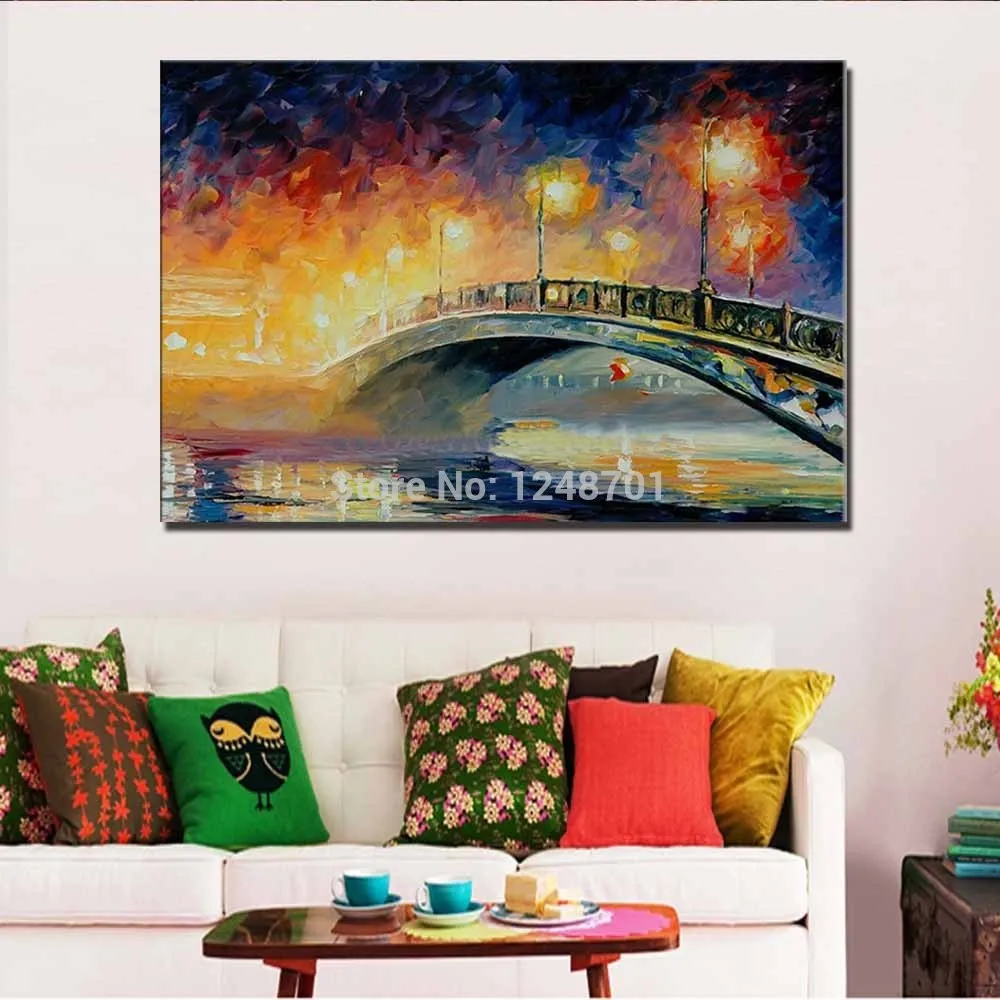 Ручная роспись Палитры Ножи Impasto мост ночника пейзаж маслом холст стены картину