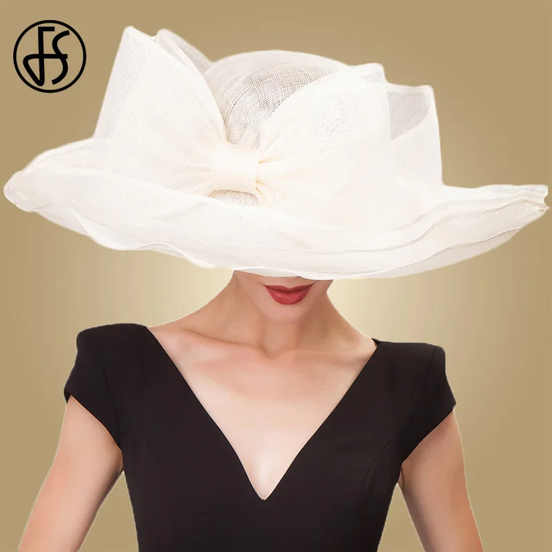 

FS Beige White Fedora Hats Womens Wedding Elegant Kentucky Derby Hat Ladies Sinamay Big Black Wide Brim Church Hats Fedora