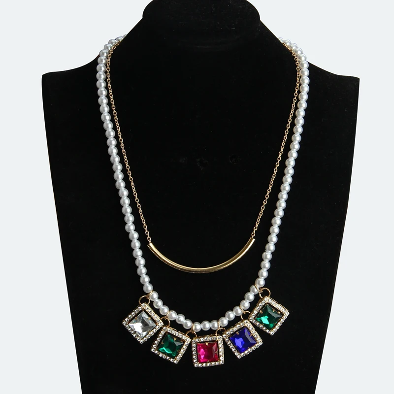 Wholesale Jewelry Imitation Pearl Chain Square Colorful Crystal Pendant Gold Color Clavicle Choker Statement Necklace For Women | Украшения