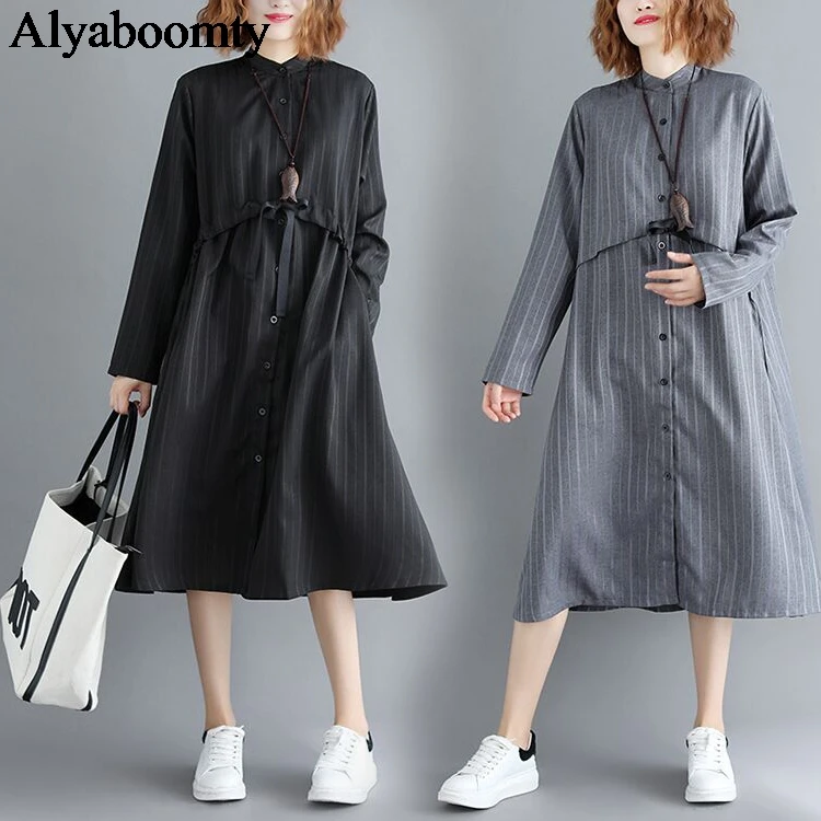 Весенне осеннее женское платье рубашка плюс размер серый черный в полоску выше